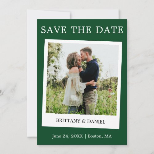 Instant Camera Style Couple Photo Green Save The Date