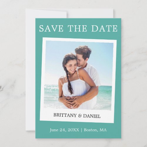 Instant Camera Style Couple Photo Teal Save The Date