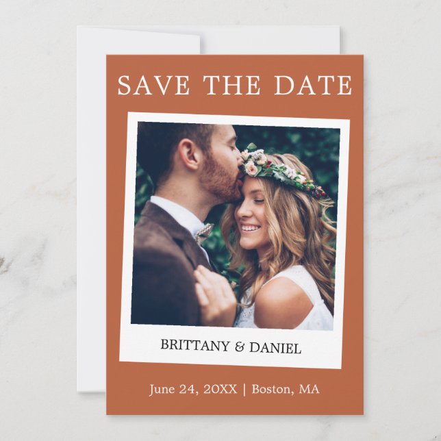 Instant Camera Style Couple Photo Terracotta Save The Date (Front)