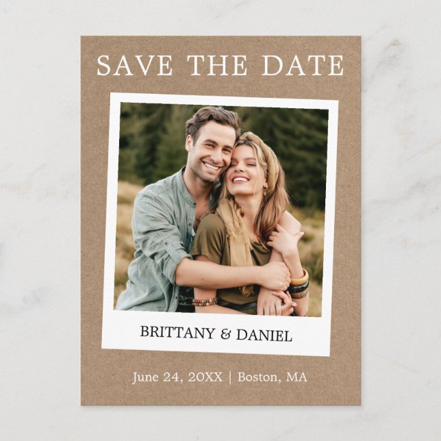 Instant Camera Style Photo Kraft Save The Date Postcard (Front)
