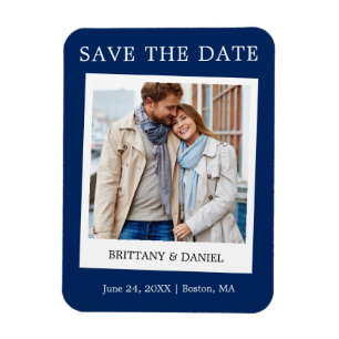 Instant Camera Style Photo Save The Date Blue Magnet