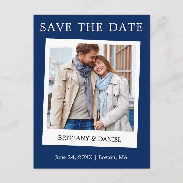 Instant Camera Style Photo Save The Date Blue Postcard (Front)