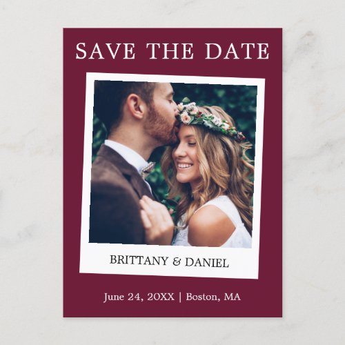 Instant Camera Style Photo Save The Date Burgundy Postcard