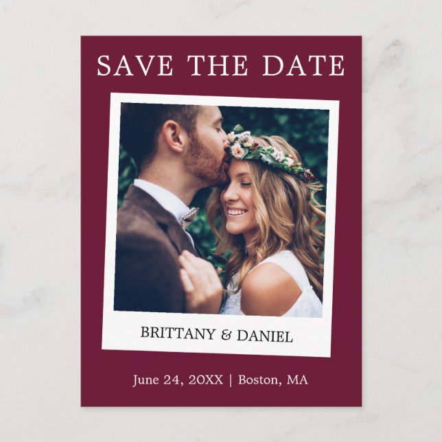 Instant Camera Style Photo Save The Date Burgundy Postcard (Front)