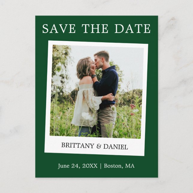 Instant Camera Style Photo Save The Date Green Postcard (Front)