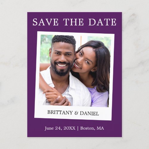 Instant Camera Style Photo Save The Date Purple Postcard