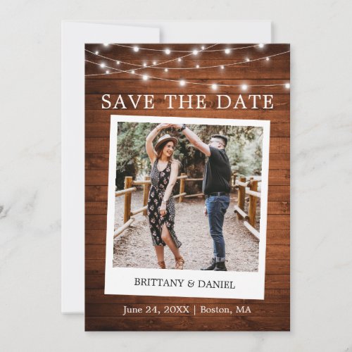 Instant Camera Style Photo Wood Lights Save The Date