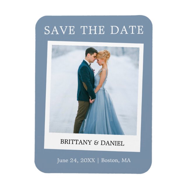 Instant Camera Style Save The Date Dusty Blue Magnet (Vertical)