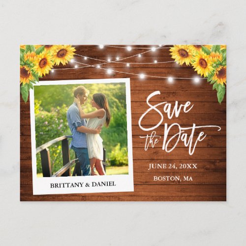 Instant Camera Style Wood Sunflowers Save The Date Postcard