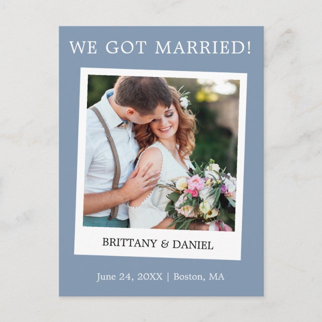 Instant Camera Wedding Announcement Dusty Blue Postcard (Front)