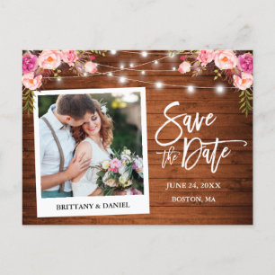Instant Camera Wood Pink Floral Save The Date Postcard