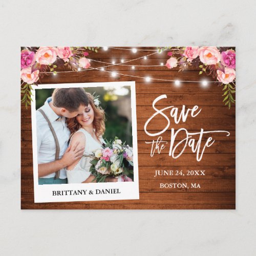 Instant Camera Wood Pink Floral Save The Date Postcard