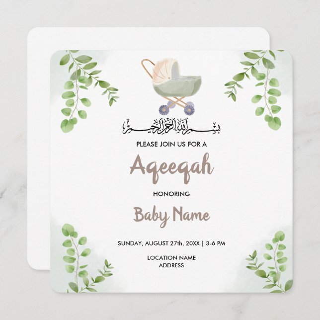 Instant Modern Chic Aqeeqah Aqiqah Invite Card (Front/Back)