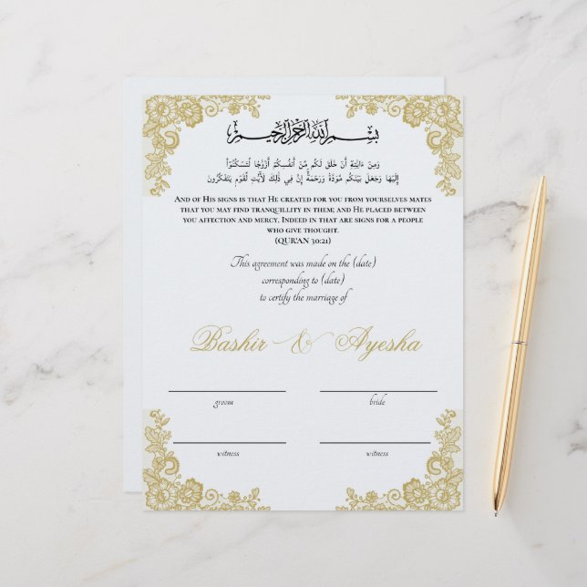 Instant Personalized Nikkah Marriage Certificate  (Front/Back In Situ)