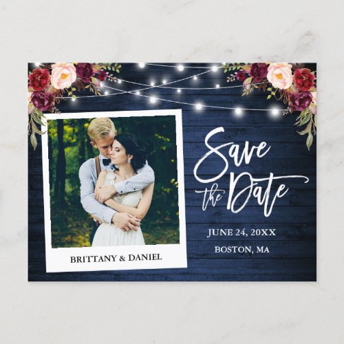 Instant Photo Blue Wood Floral Save The Date Postcard