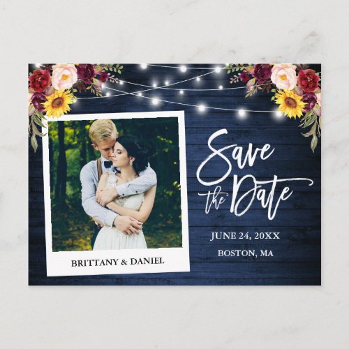 Instant Photo Floral Blue Wood Save The Date Postcard