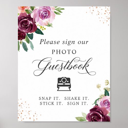 Instant Photo Guestbook Sign Plum Purple Floral - Elegant Plum Purple Blush Floral Instant Photo Guestbook Wedding Sign Poster. 
(1) The default size is 8 x 10 inches, you can change it to a larger one. 
(2) For further customization, please click the "customize further" link and use our design tool to modify this template. 
(3) If you need help or matching items, please contact me.
