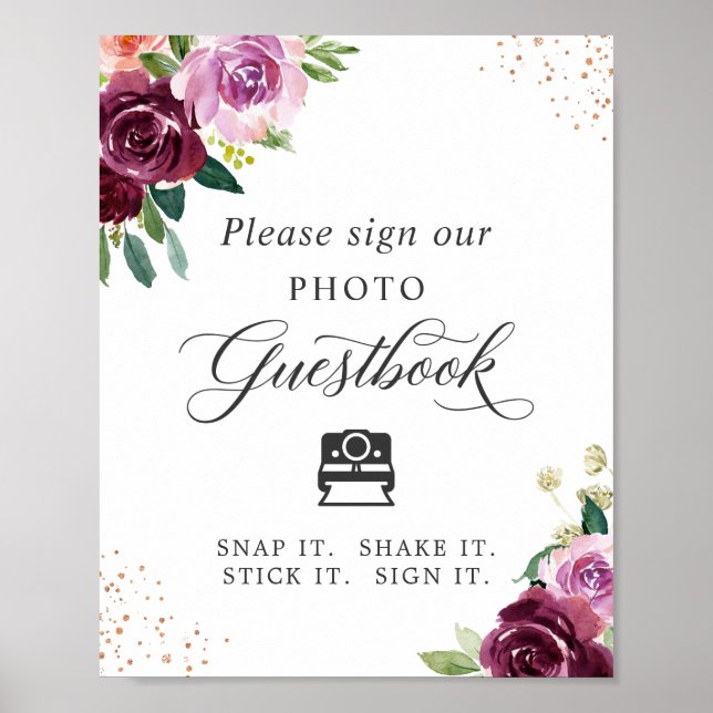 Instant Photo Guestbook Sign Plum Purple Floral (Front)