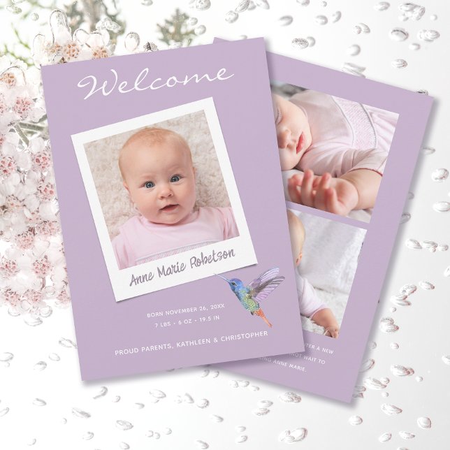 Instant Photo Modern Multiple photos Purple Birth Announcement (Creator Uploaded)