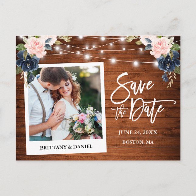 Instant Photo Pink Blue Floral Wood Save The Date Postcard (Front)