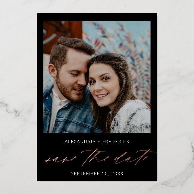 Instant Photo White Chic Save the Date Black  Foil Invitation (Front)