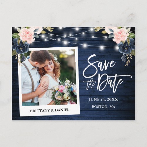 Instant Photo Wood Pink Blue Floral Save The Date Postcard