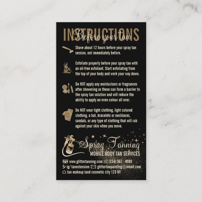 Instructions Spray Tan Before After Care Guide Business Card (Front)