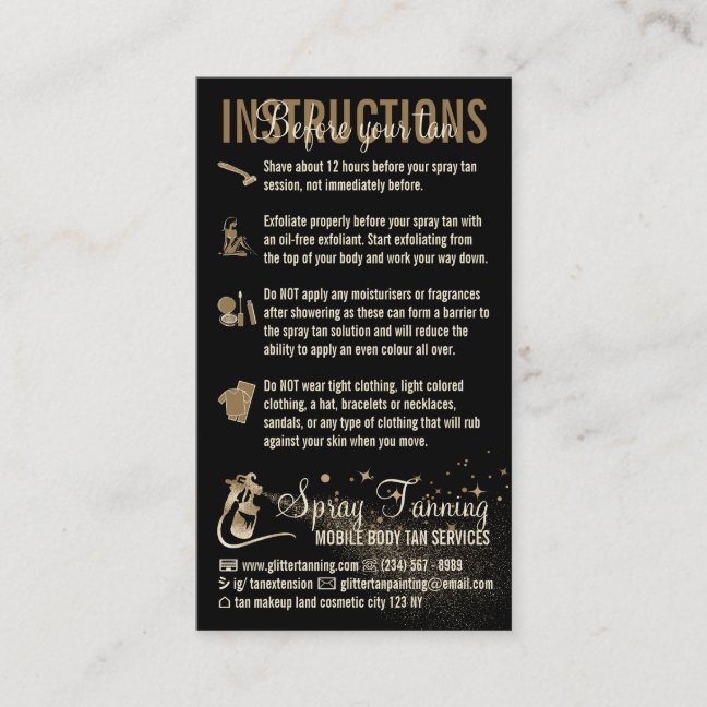 Instructions Spray Tan Before After Care Guide Business Card