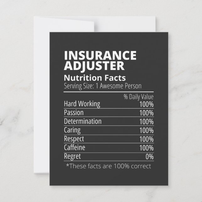 Insurance Adjusters Nutrition Facts Funny Thank You Card (Front)