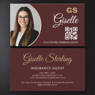 Insurance Agent Burgundy Gold Photo QR Code Business Card