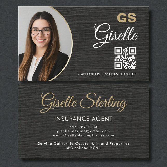 Insurance Agent Linen Black Photo QR Code  Business Card (Creator Uploaded)