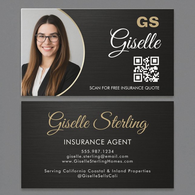 Insurance Agent Metallic Black Photo QR Code  Business Card (Creator Uploaded)