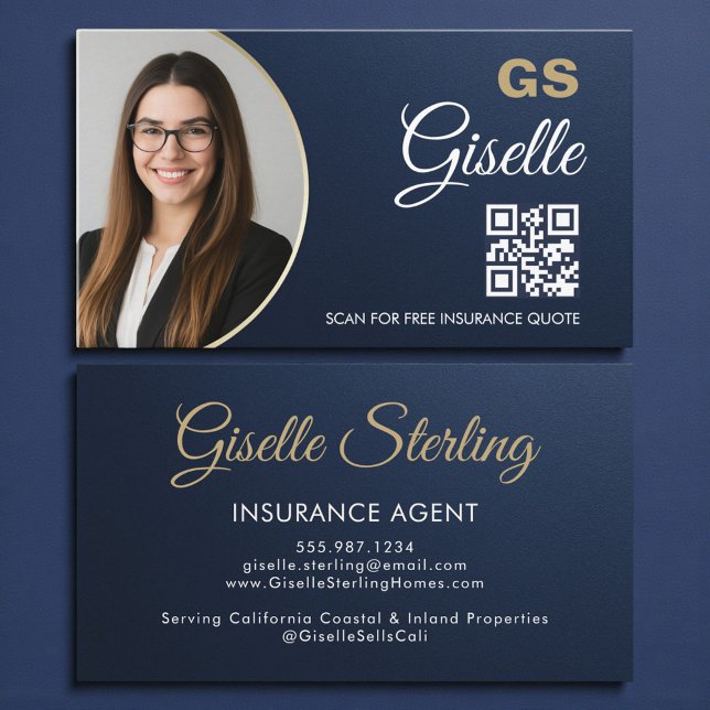 Insurance Agent Navy Blue Gold Photo Metallic Business Card (Creator Uploaded)
