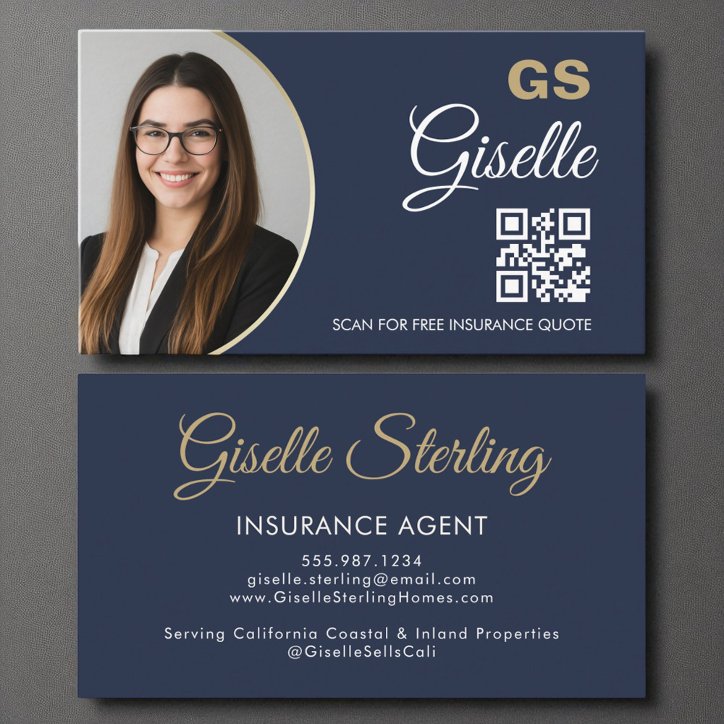 Insurance Agent Navy Blue Gold Photo QR Code Business Card