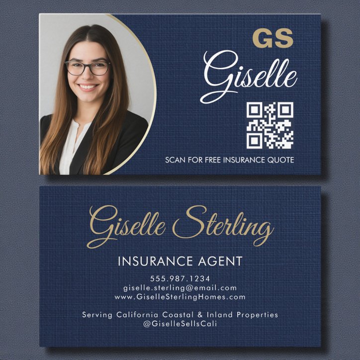 Insurance Agent Navy Blue Gold Photo QR Code Linen Business Card