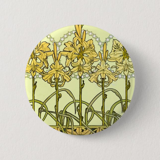 intage Alphonse Mucha Art Nouveau Lily Pattern Button (Front)