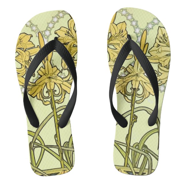 intage Alphonse Mucha Art Nouveau Lily Pattern Flip Flops (Footbed)