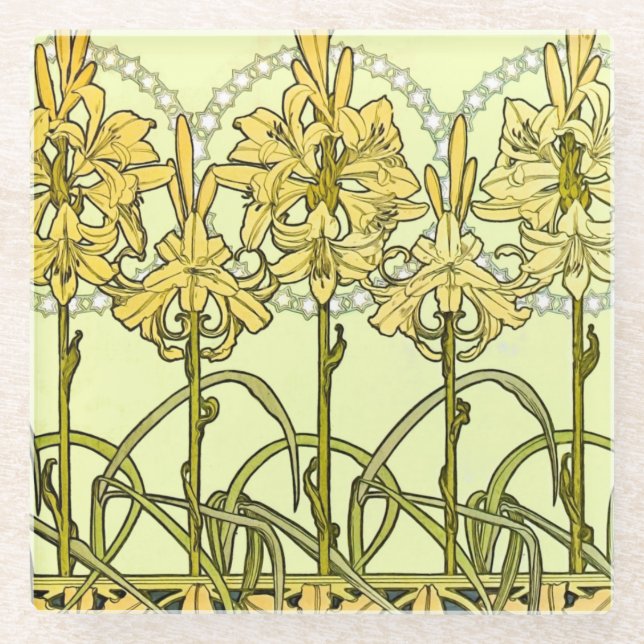 intage Alphonse Mucha Art Nouveau Lily Pattern Glass Coaster (Front)