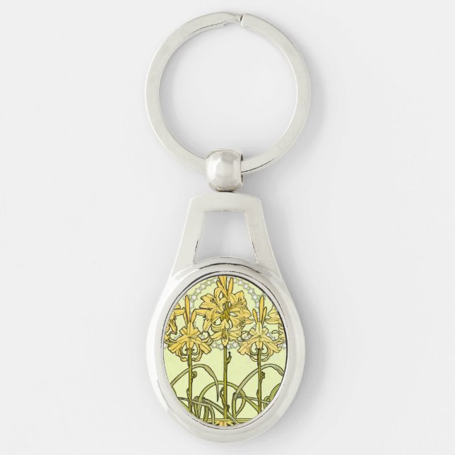intage Alphonse Mucha Art Nouveau Lily Pattern Keychain (Front)