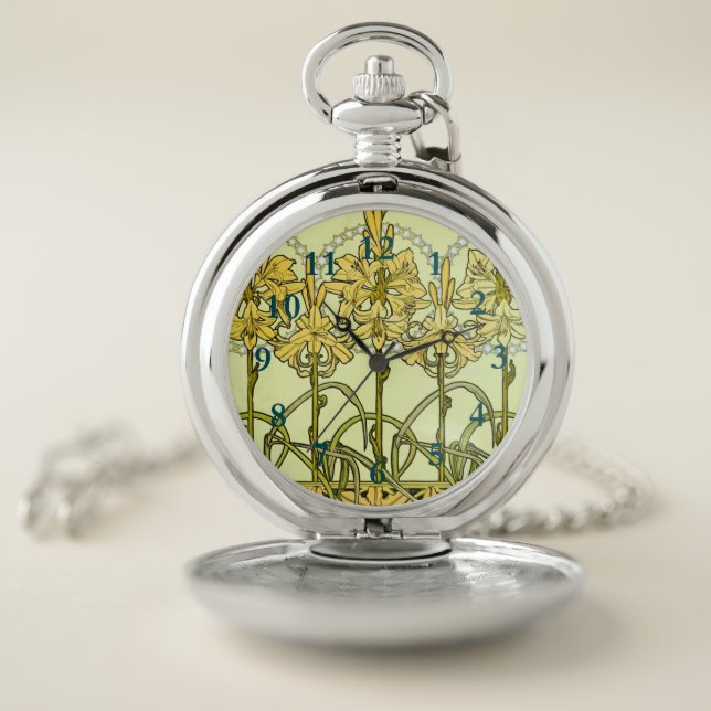intage Alphonse Mucha Art Nouveau Lily Pattern Pocket Watch (Inside)