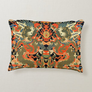 intage Chinese Dragon Textile Print Asian Art Accent Pillow