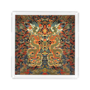intage Chinese Dragon Textile Print Asian Art Acrylic Tray