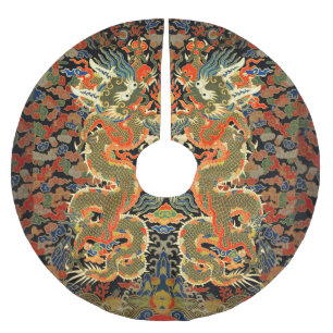 intage Chinese Dragon Textile Print Asian Art Brushed Polyester Tree Skirt