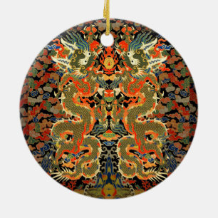intage Chinese Dragon Textile Print Asian Art Ceramic Ornament