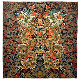intage Chinese Dragon Textile Print Asian Art Cloth Napkin