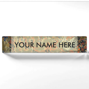intage Chinese Dragon Textile Print Asian Art Desk Name Plate