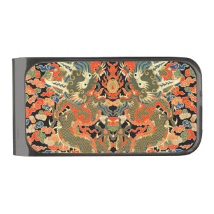 intage Chinese Dragon Textile Print Asian Art Gunmetal Finish Money Clip