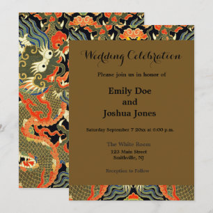 intage Chinese Dragon Textile Print Asian Art Invitation