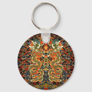 intage Chinese Dragon Textile Print Asian Art Keychain