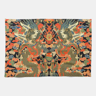 intage Chinese Dragon Textile Print Asian Art Kitchen Towel